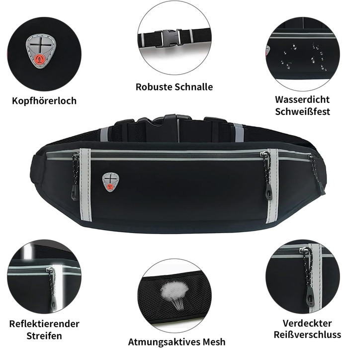 Пояс для бігу з водонепроникним регульованим гумовим ремінцем, піткостійкі кишені на стегнах великої місткості, ідеально підходить для бігу та активного відпочинку (New Schwarz)