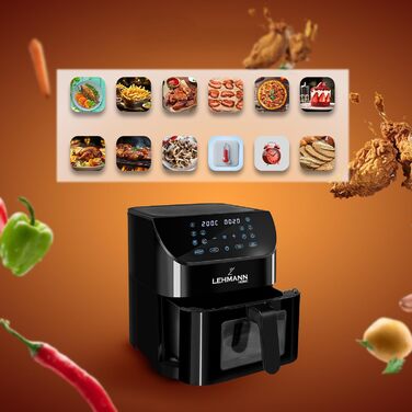 Фритюрниця повітряна LEHMANN з 2 камерами, 2400 Вт, AirFryer XXL, 12 програм, до 200°C, WiFi, 8л, чорний колір, з оглядовим вікном