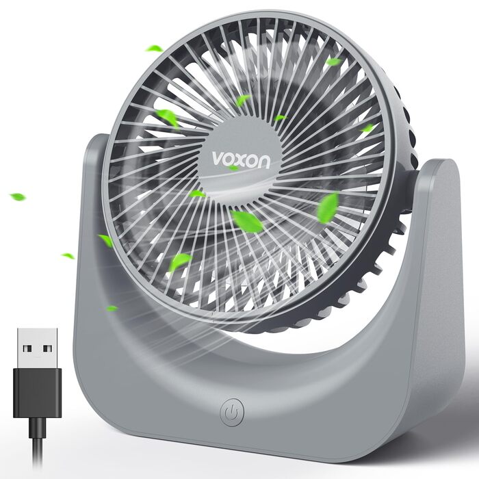 USB-настільний вентилятор VOXON, міні-вентилятор з 5 рівнями швидкості, безшумний портативний вентилятор для офісу, дому та спальні, кабель 1.5м, сірий