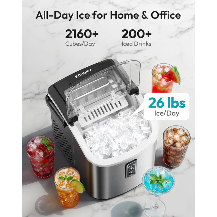 Машина для приготування льоду EUHOMY, чорна, 12 кг/день, самоочищення, 9 кубиків за 6 хвилин, 2 розміри, з ручкою, кошиком та лопаткою