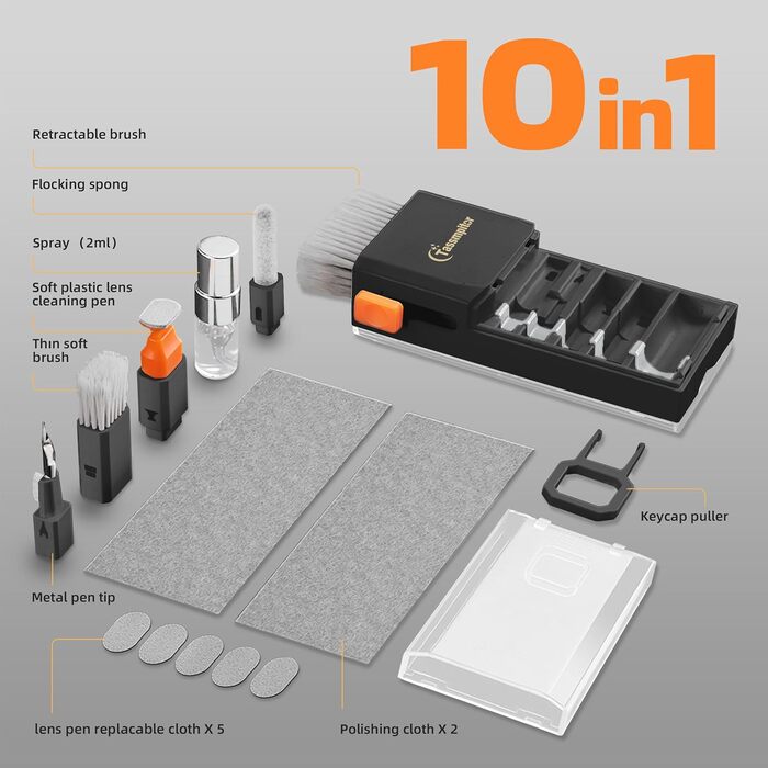 Набір для чищення клавіатури та електроніки, 6-в-1: клавіатура, ноутбук, iPhone, iPad, камера, AirPods. Компактний набір з спреєм та щіткою для екранів. Чорний колір