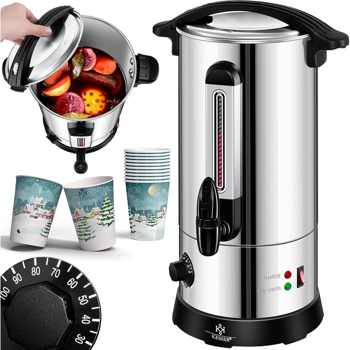 KESSER® 10L Stainless Steel Mulled Wine Warmer. Includes 10 Cups. Mulled Wine Cooker with Thermostat, Mulled Wine Dispenser, Hot Beverage Dispenser, Kettle, Hot Water Dispenser, Canning Device, Level Indicator, Tap.