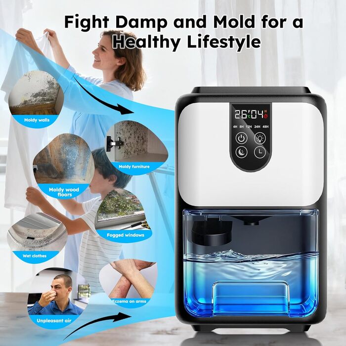 Електричний осушувач повітря 1800 мл з автовимкненням, тихий осушувач для дому з 7 кольоровою підсвіткою, таймером 48 годин - ідеальний для спальні, ванної кімнати, підвалу, кемперу та шафи. Сірий колір.
