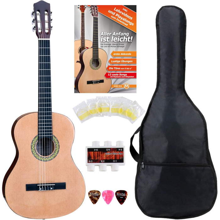 Класична гітара Cantabile AS-861 7/8 розміру, стартовий набір (для дітей 10-13 років), з сумкою, струнами, нотами, медіатором, тюнером, натуральний колір