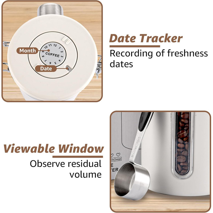 Контейнер для кави 1800 мл з прозорим вікном, з нержавіючої сталі, з ложкою, білий, для кавових зерен, чаю, горіхів, какао