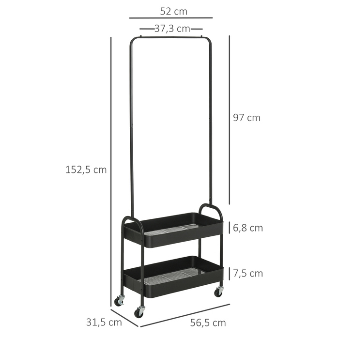 HOMCOM Rolling Clothes Rack, Garment Rack with Clothes Rod, Shoe Storage, Freestanding Steel Wardrobe, for Living Room, Bedroom, Load Capacity up to 16 kg, Black | Aosom