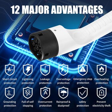 Кабель для зарядки електромобіля Schuko, 3.5kW, 6-16A з цифровим дисплеєм, для Tesla Model 3/Y, Peugeot 3008/508, Citroen C5X, DS7, GLA, Q3, X3 (22kW 32A)