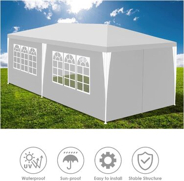 Garden pavilion, garden gazebo with 6 side walls and windows, stable, UV protection, waterproof, party pavilion, folding gazebo, garden tent, party tent, for outdoor use, garden, party, wedding (3x6m, white)