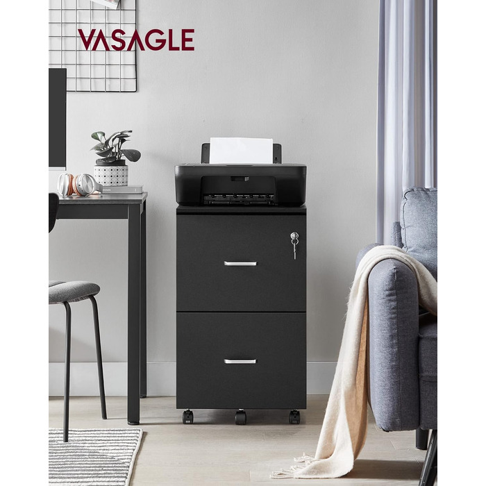 VASAGLE ролл-контейнер з замком і шухлядами, чорний офісний шафа для документів з регульованою підвісною системою
