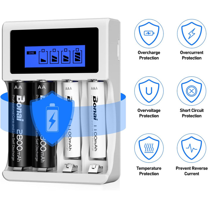 Зарядний пристрій BONAI для акумуляторів 4 слоти LCD, для AA/AAA NI-MH NI-CD акумуляторів, з 4 шт. акумуляторами 2800mAh AA та 1100mAh AAA