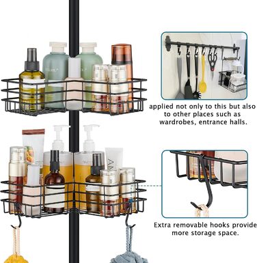 FIISAYL Shower Shelf No Drilling Telescopic Shower Shelf Metal Corner Shelf Bathroom Shelf with 4 Shower Baskets, Height Adjustable 85-325cm, Suitable for Bathtub Bathroom and Kitchen, Black