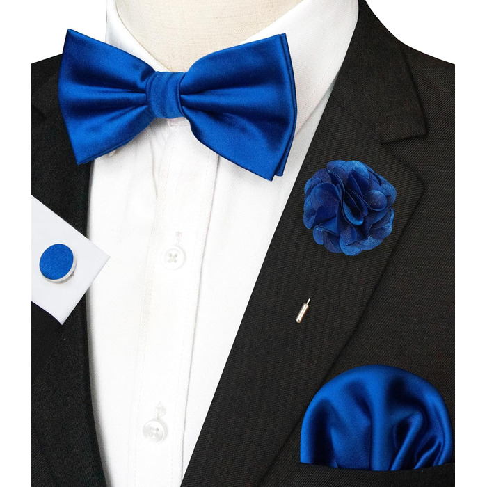 Метелик чоловічий JEMYGINS з шовку сатин, нагрудна хустинка та запонки (синій)