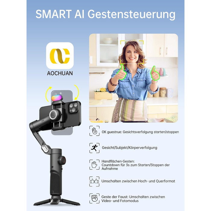 Стабілізатор для смартфона AOCHUAN 3-осьовий, складний, з фокусним колесом, для iPhone та Android, для TikTok, YouTube, Vlog