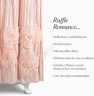 Шторка для душу Lush Decor Serena з рюшами, 183 x 183 см – красивий квітковий дизайн з рюшами, розкішна шторка, вінтажний гламур, стиль кантрі (рожевий, пудровий рожевий)