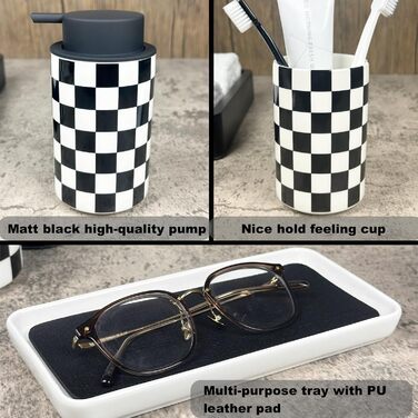 Modern bathroom set, ceramic, glazed, black and white checkered accessory set with soap dispenser, toothbrush holder, and vanity organizer.