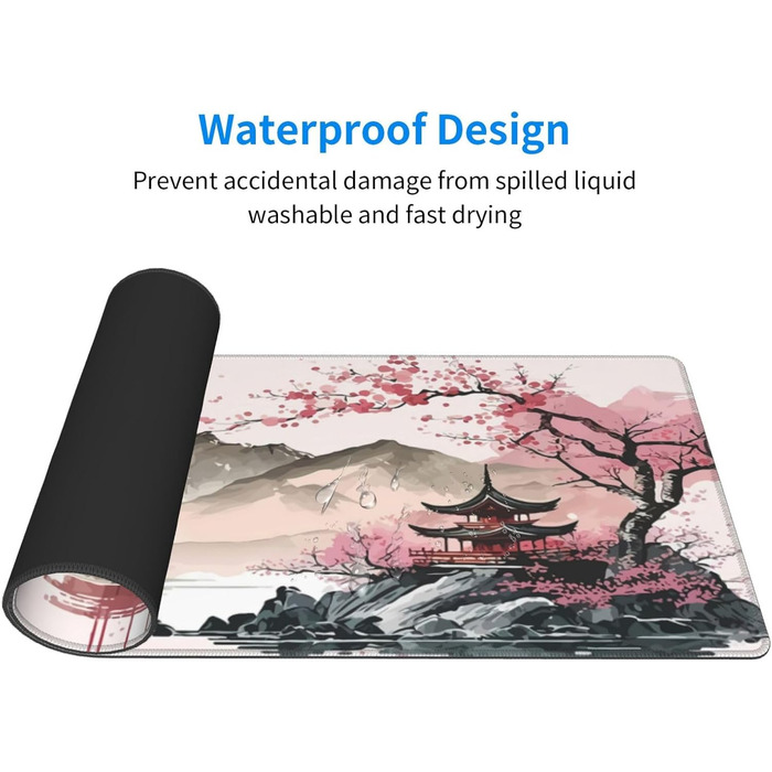 Килимок для миші для геймінгу, чорний, Kanagawa, великий, 80 x 30 см, з гумовою основою, водонепроникний, з прошитими краями, для геймінгу, офісу, дому (Чорна хвиля) (Рожевий)