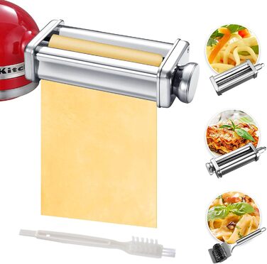Насадка для приготування пасти Gdrtwwh для кухонного міксера KitchenAid, набір: ролик для тіста, різак для спагеті, ролик для локшини та щітка, нержавіюча сталь, ручний