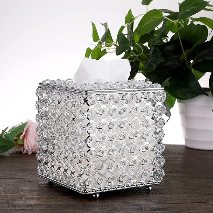 SUMNACON Crystal Silver Cosmetic Tissue Box Made of Glass and Metal, Pocket Tissue Box, Tissue Dispenser. Tissue box decoration for living room, dining room, hotel, restaurant, office, square.