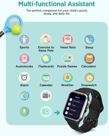 Смарт-годинник RUXINGX для дітей, 1.52″, крокомір, водонепроникний (IP68), з 170+ спортивними режимами, моніторингом серцевого ритму, сном, аудіокнигами, 20 карток для навчання, будильником, чорний