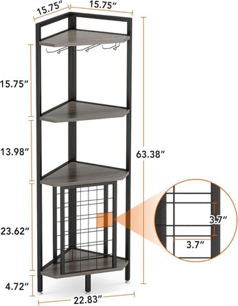Tribesigns Wine Rack Freestanding Floor, 4-Tier Corner Wine Rack with Glass Holder & Wine Storage, Industrial Wine Rack Wine Bar Cabinet for Bar, Kitchen, Dining Room, Grey