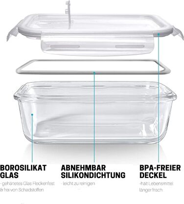 Контейнери для їжі Igluu Glas - 5 шт + 1 кришка, 840 мл, скло Borosilicate, мікрохвильова, духовка, морозилка, посудомийка, герметичні, прямокутні