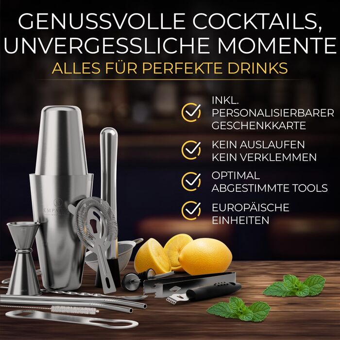 Набір для коктейлів EMPATION: 8 предметів, Boston Shaker 825мл, нержавіюча сталь, для початківців та професіоналів, сріблястий, преміум подарунок