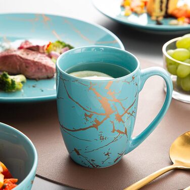 LOVECASA Набір посуду з порцеляни Sweet 16, 48-елементний сервіз, посуд для їжі з золотим декором, для 4-12 осіб, блакитний колір