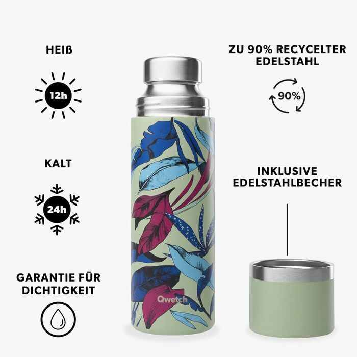 Qwetch Stainless Steel Thermos Flask - 750ml Insulated Bottle & Thermos with Recycled Stainless Steel Cup - 24h Cold & 12h Hot - Leakproof, BPA-Free & Perfect for Coffee & Tea - Brushed Stainless Steel (750 ml, Bahia)