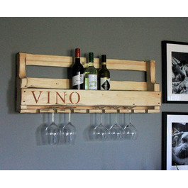 Wooden Wall-Mounted Wine Rack - with Glass Holders and VINO Signage - Flamed - Fully Assembled - Shelf for Wine Bottles and Glasses (Rust-Look)