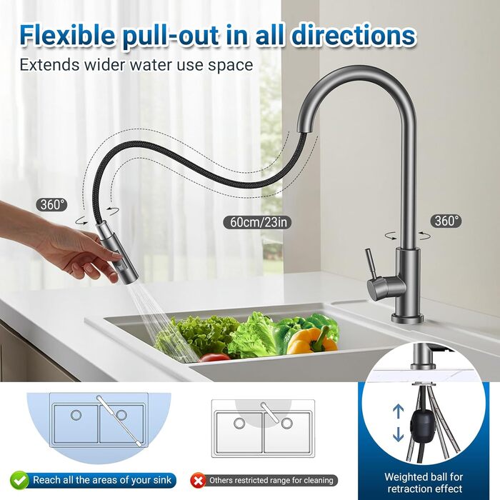 Кухонний змішувач Wasserhahn з висувною лійкою, поворотний на 360°, 2 функції, однорідний, для кухні (сірий)