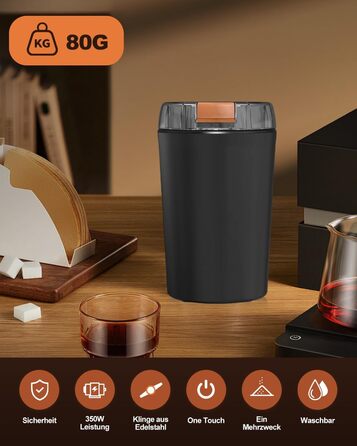 Електрична кавомолка 80г, потужний 350W двигун для кави та спецій, з регулюванням помелу, портативна, з щіткою для чищення, нержавіюча сталь, чорний