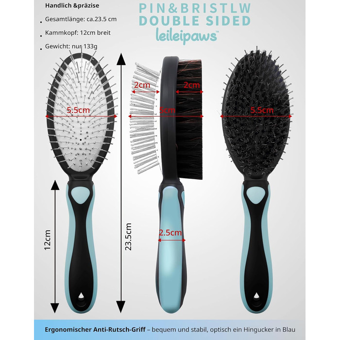 Двостороння щітка для собак та котів - розпушувач для довгої та короткої шерсті, металеві щетинки та натуральна щетина, ергономічна ручка TPR, м'який та ефективний догляд за шерстю (Синьо-Чорний)