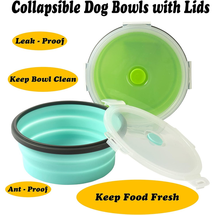 Складані миски для собак з силікону для корму та води, для подорожей, з кришкою, портативні, розширювані, для домашніх тварин, для прогулянок, кемпінгу, 2 шт. блакитний / зелений (Medium, блакитний / зелений)
