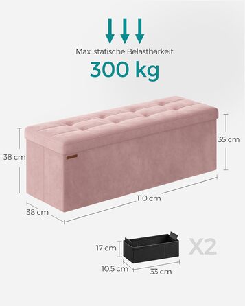 Складаний пуф SONGMICS з місцем для зберігання, пастельно-рожевий, 110×38×38 см, вантажопідйомність до 300 кг, для вітальні, спальні, коридору
