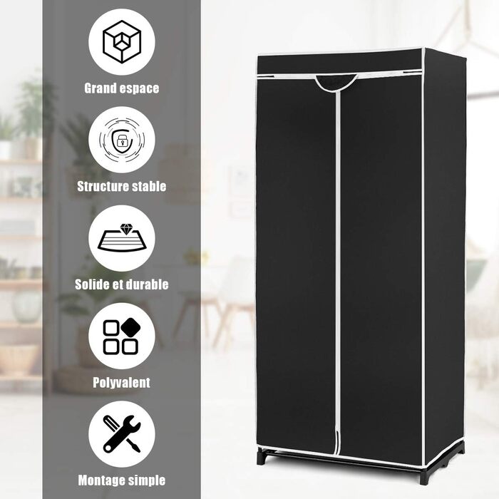 GIANTEX Wardrobe Clothes Closet with Clothes Rod & Shelf, Folding Closet 74 x 50 x 172 cm, Clothes Rack Metal Frame with Dust Cover, for Bedroom Dressing Room (Black)