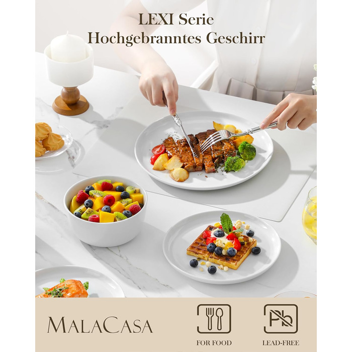 Набір посуду MALACASA LEXI 18 предметів: тарілки та миски, порцеляна, для 6 осіб, білий, сумісний з мийною машиною та мікрохвильовкою