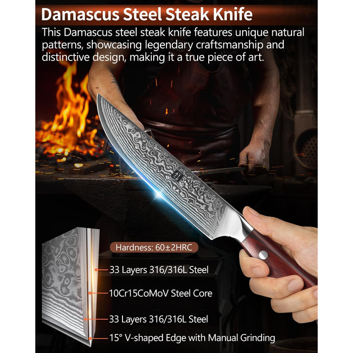 XINZUO Damascus Chef's Knife Set - 67 Layer High Carbon Steel, Professional Gyuto Knife with Rosewood Handle (5-Piece Steak Knife Set)