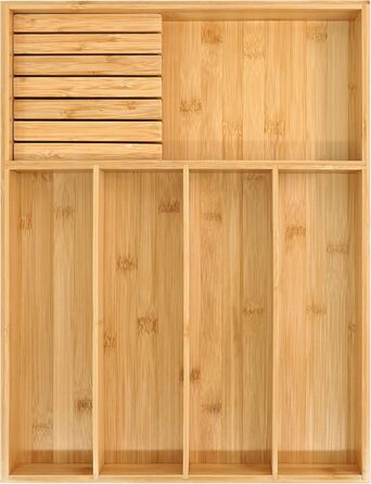 VaeFae Bamboo Cutlery Organizer, Utensil Holder for Drawer, Wooden Cutlery Tray with Divider for Kitchen, Cutlery Storage and Removable Knife Block