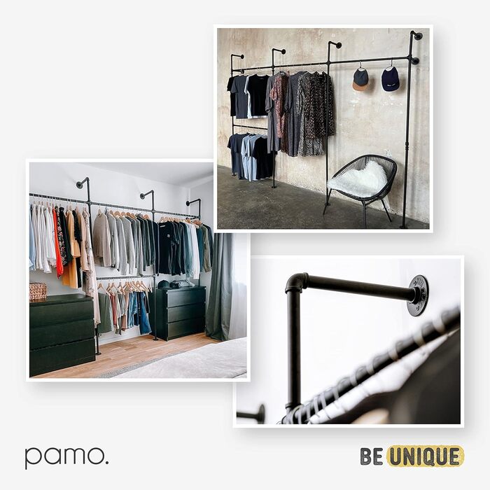 Pamo Clothes Rail Industrial Loft Design - FINN - 93 cm Clothes Rail or Coat Rack with Wall or Ceiling Mounting made of sturdy pipes in black (1)
