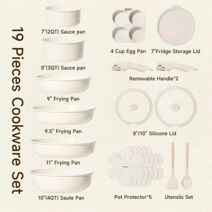 Набір посуду JEETEE 20 предметів з антипригарним покриттям та знімними ручками, для індукційних плит, штабельований, для дому та кемпінгу, жароміцний
