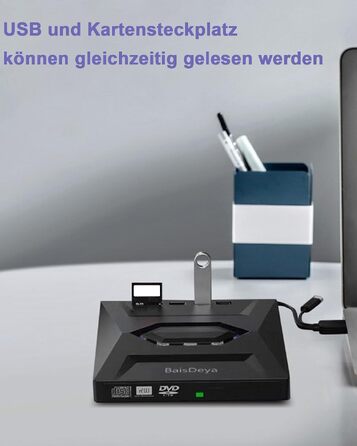 Зовнішній CD/DVD привід для ноутбука та ПК USB 3.0 & Type-C, DVD-RW записувач з картридером SD/TF та USB-хабом для Windows, Linux, Vista