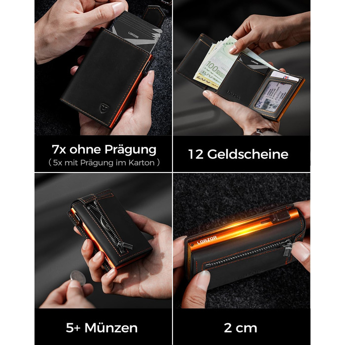 Чоловіче картхолдер LORZOR з магнітною застібкою, RFID захистом, відділенням для монет, на 10 карт, оранжевий