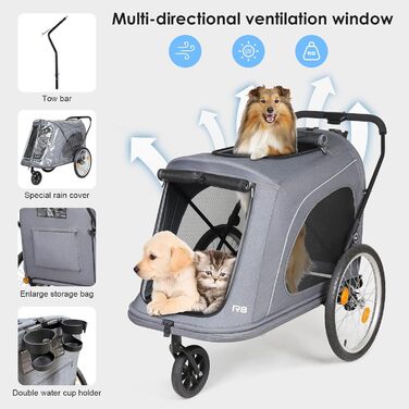 Beberoad 2-в-1 Причіп для собак на велосипед та візок, складаний для тварин до 45 кг, R8 (Чорний) (Сірий)