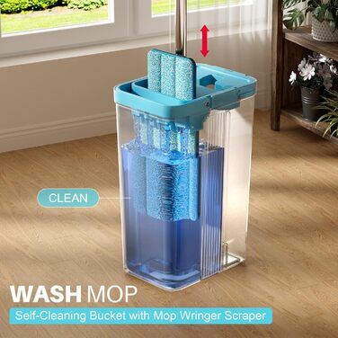 Набір для миття підлоги JOYMOOP з віджимом, моп для підлоги, набір для миття стін з довгим руків'ям, 6 мікрофібрових насадок - сірий + блакитний відро #2124 + плоский моп 60' + 6 мікрофібрових насадок