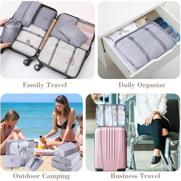 Органайзер для валізи - Набір 8 штук Packing Cubes для подорожей, система організації валізи, набір кубиків для пакування (Сірий)
