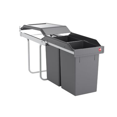 Відро для сміття Hailo Tandem 3650103 | Вбудований контейнер для сміття 2 секції з 50 мішками | для шаф шириною від 300 мм | Зручний висувний механізм на роликах | Сріблястий та антрацитовий пластик