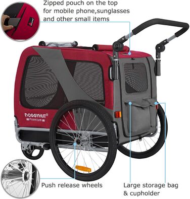 DOGGYHUT® Преміум великий велосипедний причіп для собак 2 в 1 / візок-бігунок для собак / великий причіп для собак, 270 л, до 35 кг (червоний / чорний)