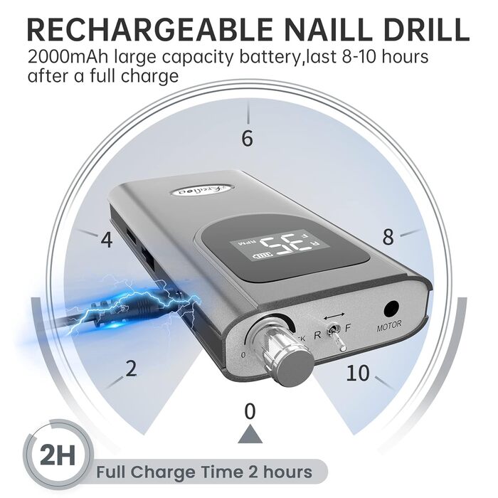 Електрична нігтьова фрезер Kredioo з LED-дисплеєм та 6 насадками для гель та акрил (35000 об/хв)