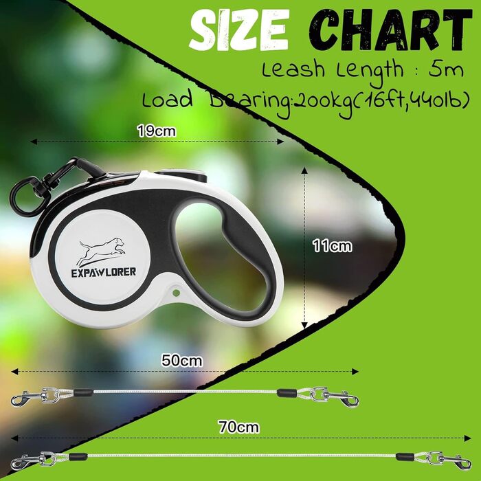 Рулетка для собак ExPawlorer, 5 м, чорно-біла, до 20 кг, білий ручка, безпечна система гальма