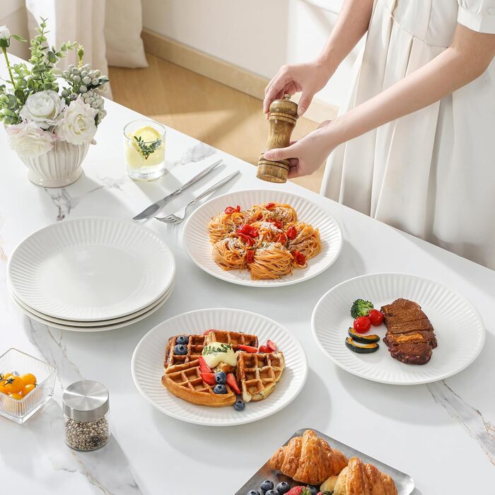 Набір посуду MALACASA LEILA на 6 осіб, 24 предмети: тарілки, миски, посуд з порцеляни з ручним рельєфним дизайном, безпечний для мікрохвильової печі та посудомийної машини, білий